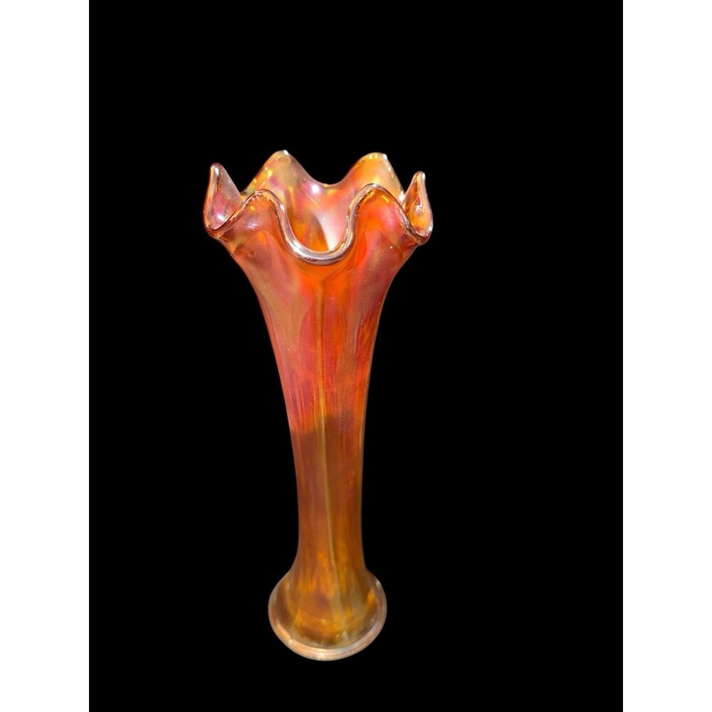 Vtg Marigold Iridescent Carnival Glass Trumpet Vase Ruffled Rim Decorative 9.5”